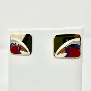 VTG Laurel Burch Tori Mon Enamel Art Deco Square Stud Earrings Gold Tone